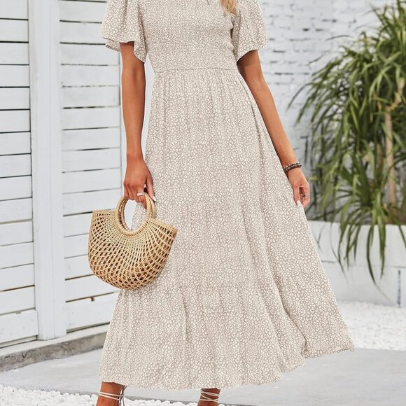 Women's 2025 Summer Casual Floral Print Short Flutter Sleeve Crew Neck Smocked H - Picture 7 of 7